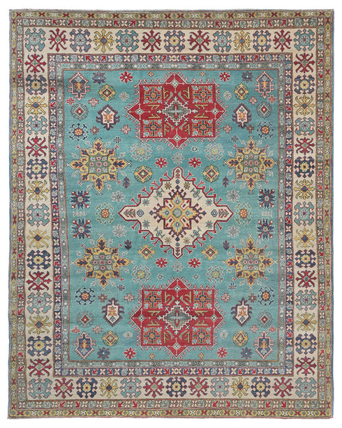 8x10 Green Kuba Afghan Hand Knotted Wool Area Rug